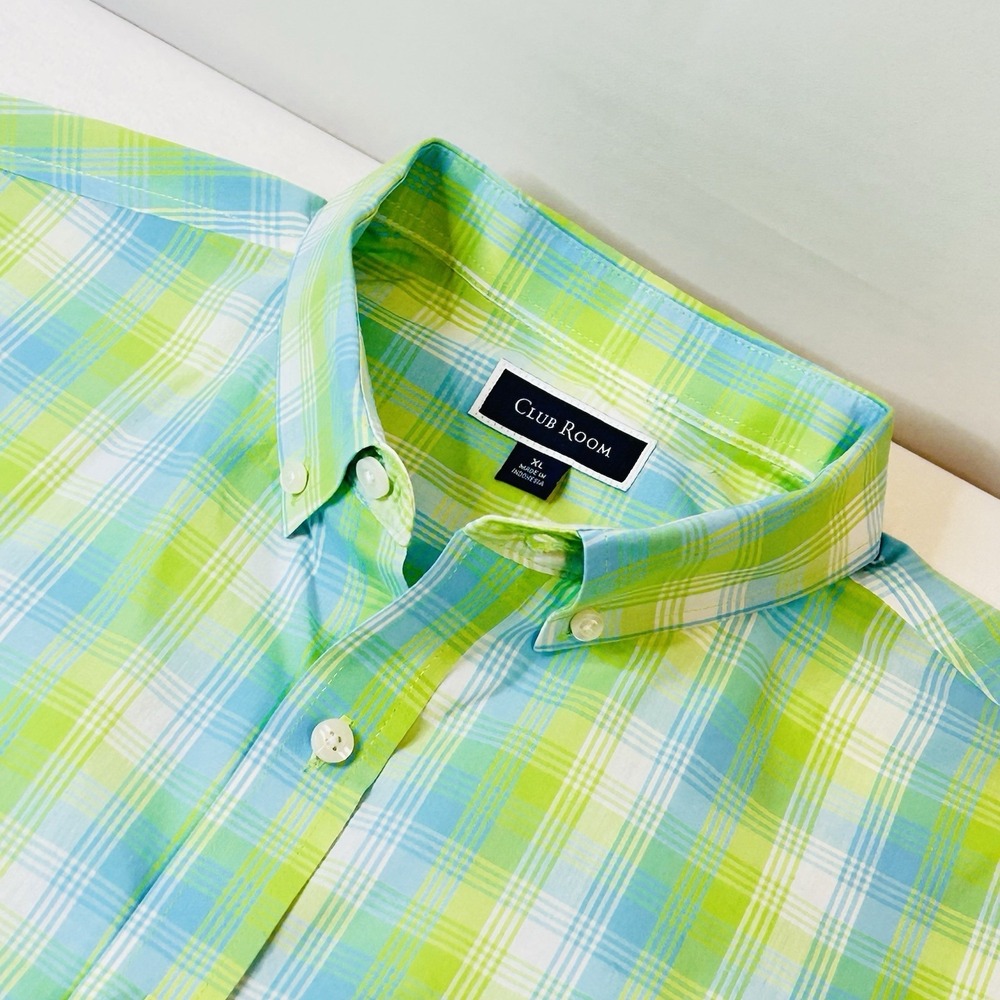 Club Room Men's XL Shirt Collard Button Up-Short Sleeve Blue Green Plaid